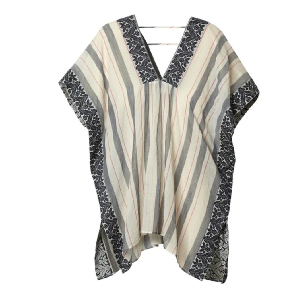 $129 Indigo Handloom Bengal Border Tunic Poncho Swim Cover Up One Size